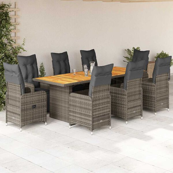 vidaXL Set Bistr&ograve; da Giardino 9 pz con Cuscini in Polyrattan Grigio