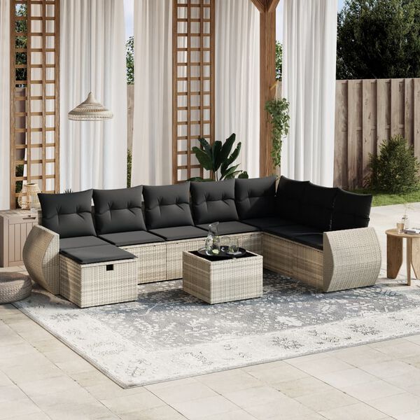 vidaXL Set Divano da Giardino 9pz con Cuscini Grigio Chiaro Polyrattan