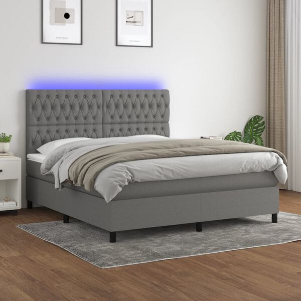 vidaXL Letto a Molle Materasso e LED Grigio Scuro 160x200cm in Tessuto