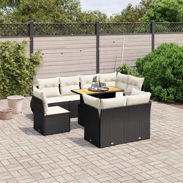 vidaXL Set Divani da Giardino 9 pz con Cuscini Nero in Polyrattan