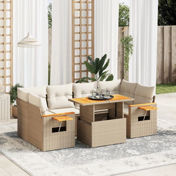 vidaXL Set Divani da Giardino 7 pz con Cuscini Beige in Polyrattan