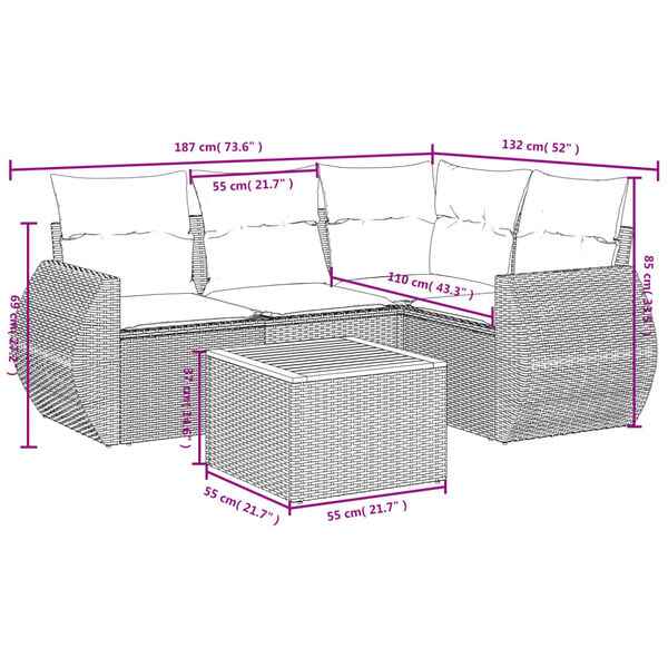 vidaXL Set Divano da Giardino 5 pz con Cuscini Grigio in Polyrattan