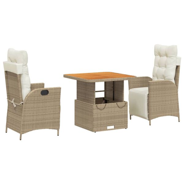 vidaXL Set da Pranzo da Giardino 3 pz con Cuscini Beige in Polyrattan