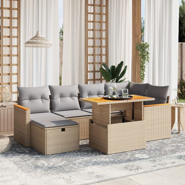 vidaXL Set Divani da Giardino 7 pz con Cuscini Beige in Polyrattan