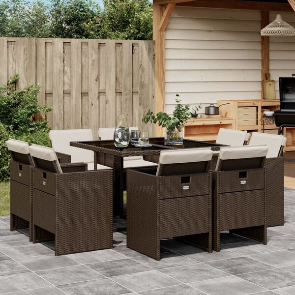 vidaXL Set da Pranzo da Giardino 9pz con Cuscini Marrone in Polyrattan