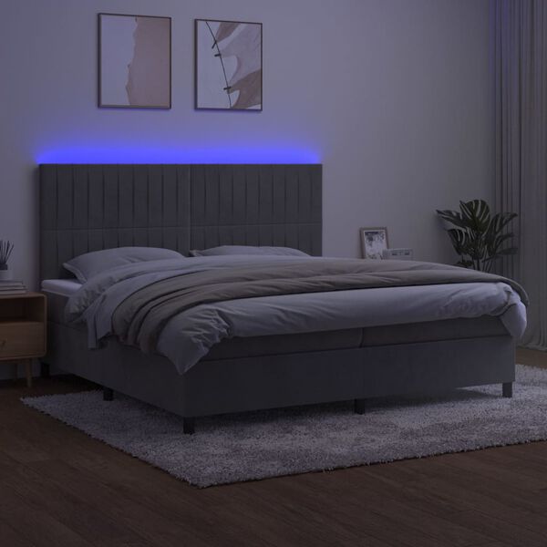 vidaXL Letto a Molle Materasso e LED Grigio Chiaro 200x200 cm Velluto