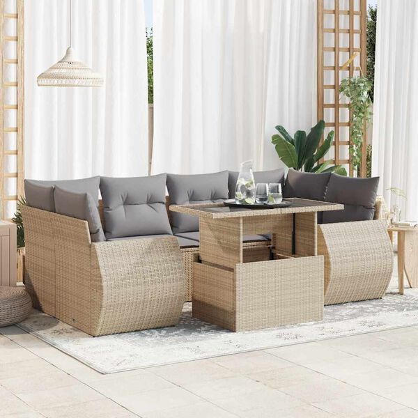 vidaXL Set Divani da Giardino 7 pz con Cuscini Beige in Polyrattan