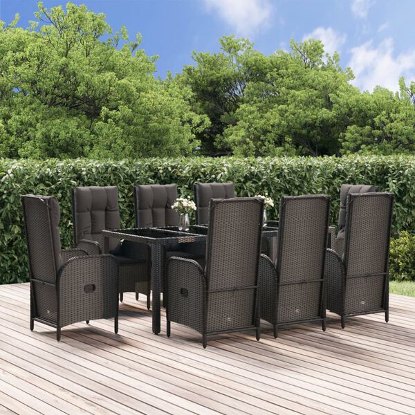 vidaXL Set da Pranzo Giardino 9pz con Cuscini Nero e Grigio Polyrattan