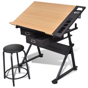 vidaXL Tavolo Inclinabile da Disegno a Due cassetti con Sgabello