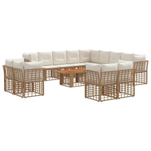 vidaXL Set Divano da Giardino 14 pz Naturale e Bianco Crema polyrattan