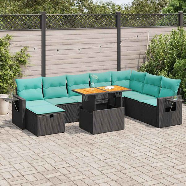 vidaXL Set Divani da Giardino 9 pz con Cuscini Nero Polyrattan Acacia