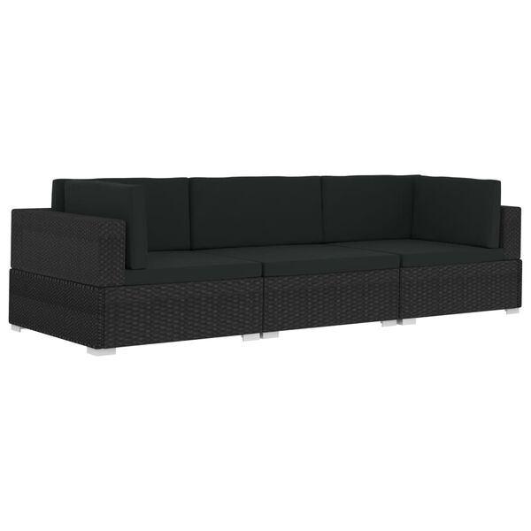 vidaXL Set Divani da Giardino 3 pz con Cuscini in Polyrattan Nero