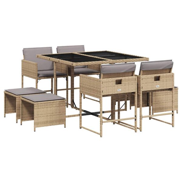vidaXL Set Pranzo da Giardino 9 pz con Cuscini Beige Misto Polyrattan