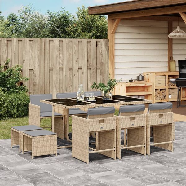 vidaXL Set Pranzo da Giardino 11 pz con Cuscini Beige Misto Polyrattan