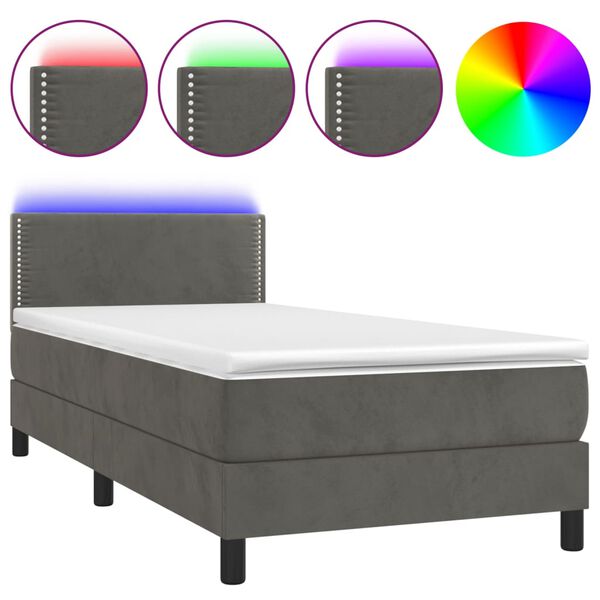 vidaXL Letto a Molle con Materasso e LED Grigio Scuro 90x190cm Velluto