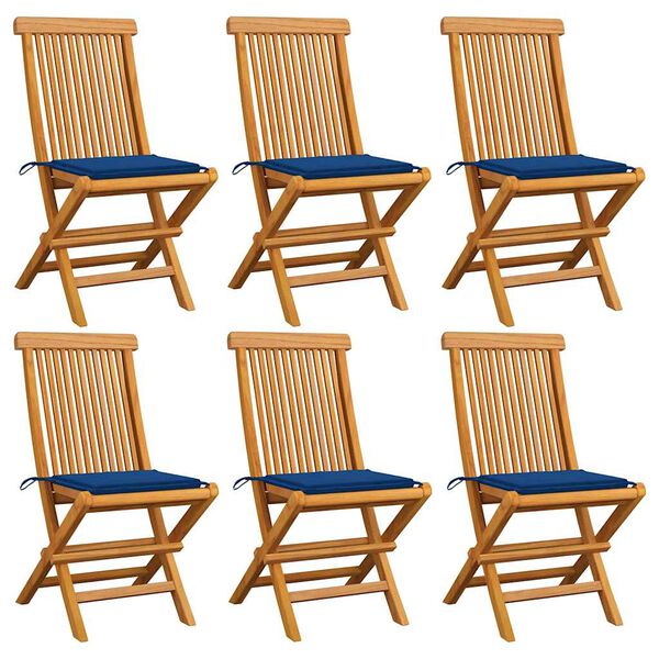 vidaXL Sedie da Giardino con Cuscini Blu Reale 6 pz Massello di Teak