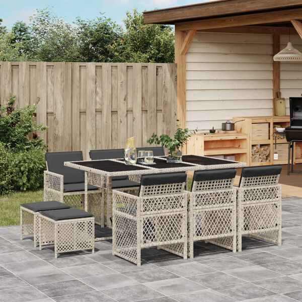vidaXL Set Pranzo Giardino 11pz con Cuscini Grigio Chiaro Polyrattan