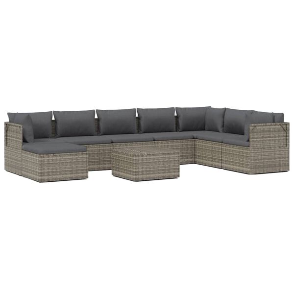 vidaXL Set Divani da Giardino 9 pz con Cuscini in Polyrattan Grigio