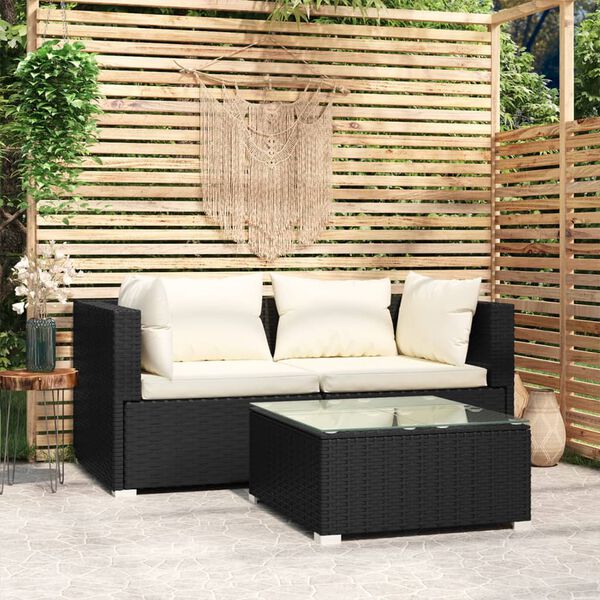 vidaXL Set Divani da Giardino 3 pz con Cuscini Nero in Polyrattan