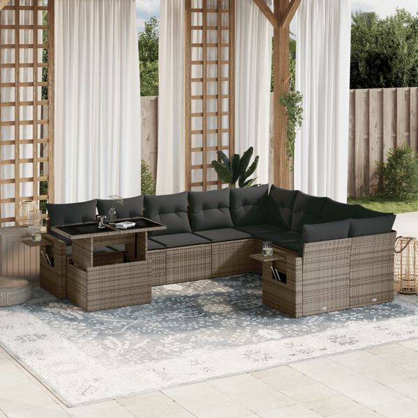 vidaXL Set Divano da Giardino 10 pz con Cuscini Grigio in Polyrattan