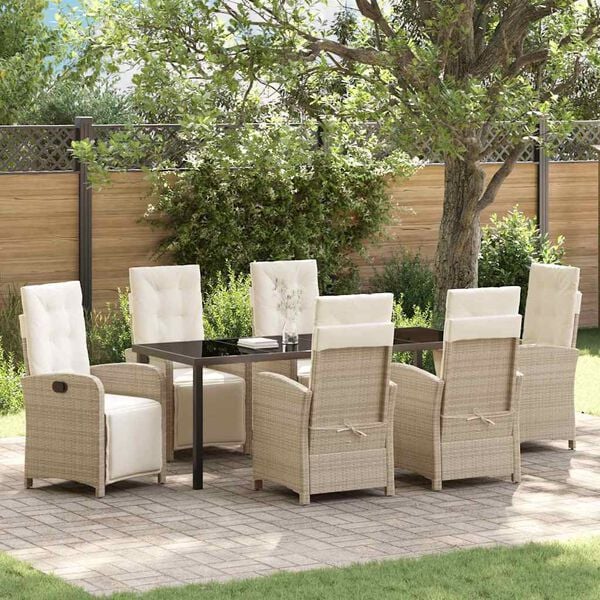 vidaXL Set da Pranzo per Giardino con cuscino 7 pcs Beige polyrattan