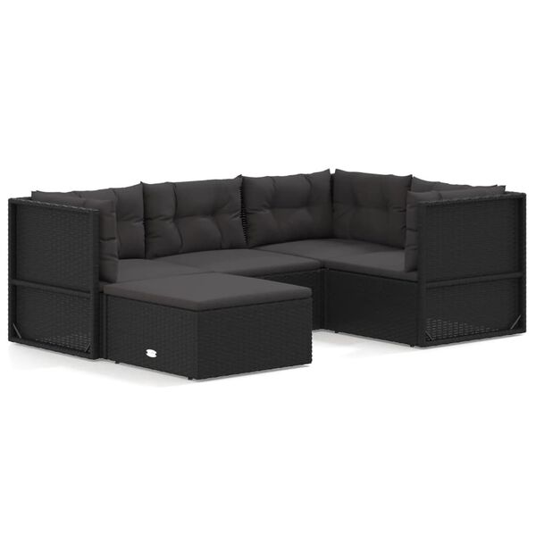 vidaXL Set Divani da Giardino 5 pz con Cuscini Nero in Polyrattan