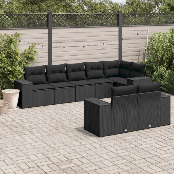 vidaXL Set Divani da Giardino con Cuscini 8 pz Nero in Polyrattan