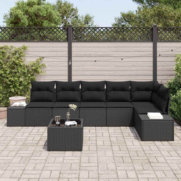 vidaXL Set Divano da Giardino con cuscino 7 pcs Nero polyrattan
