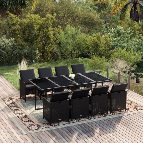 vidaXL Set da Pranzo da Giardino 9 pz con Cuscini Nero in Polyrattan