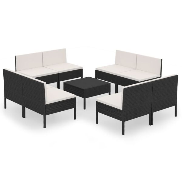 vidaXL Set Divani da Giardino 9 pz con Cuscini in Polyrattan Nero