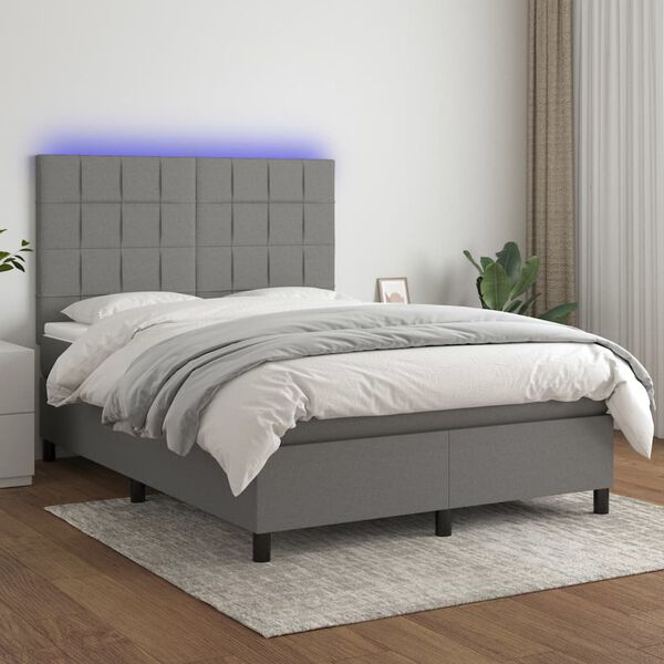 vidaXL Letto a Molle Materasso e LED Grigio Scuro 140x190cm in Tessuto