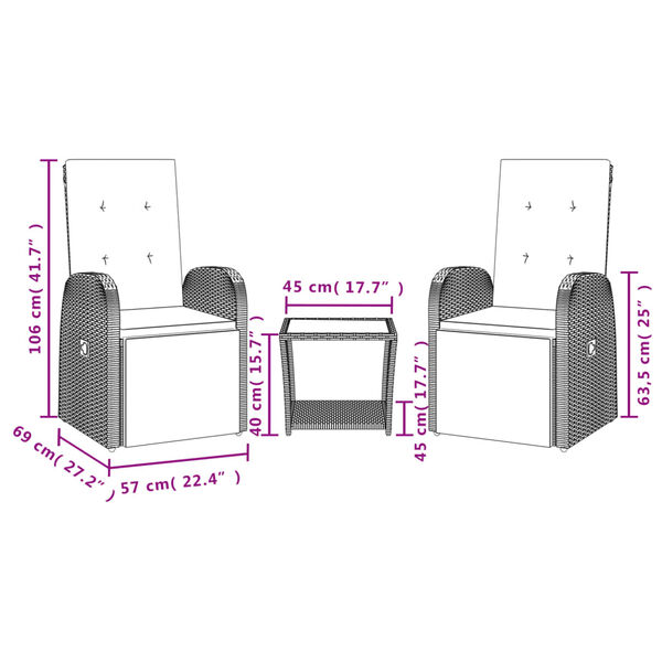 vidaXL Set da Pranzo da Giardino 3 pz con Cuscini in Polyrattan Grigio