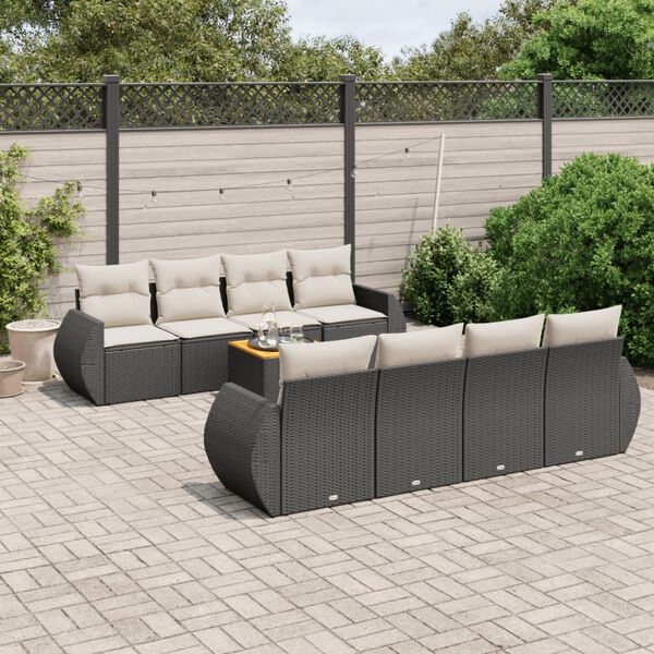 vidaXL Set Divani da Giardino 9 pz con Cuscini Nero in Polyrattan