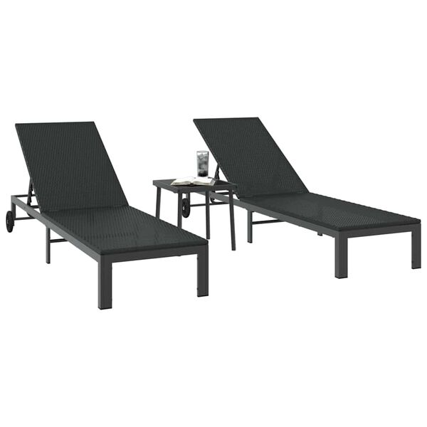 vidaXL Lettino da Sole 2-persona 3 pcs Nero polyrattan