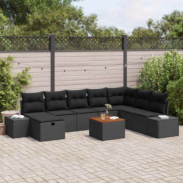 vidaXL Set Divano da Giardino con cuscino 9 pcs Nero Poly Rattan