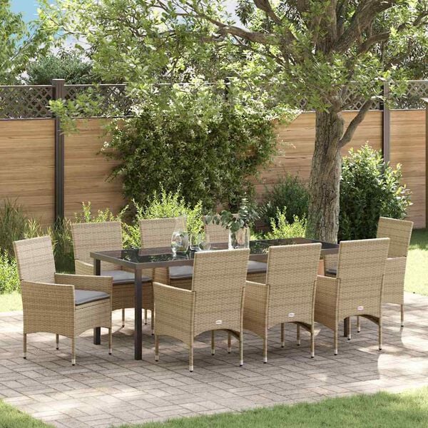 vidaXL Set da Pranzo per Giardino con cuscino 9 pcs Beige polyrattan