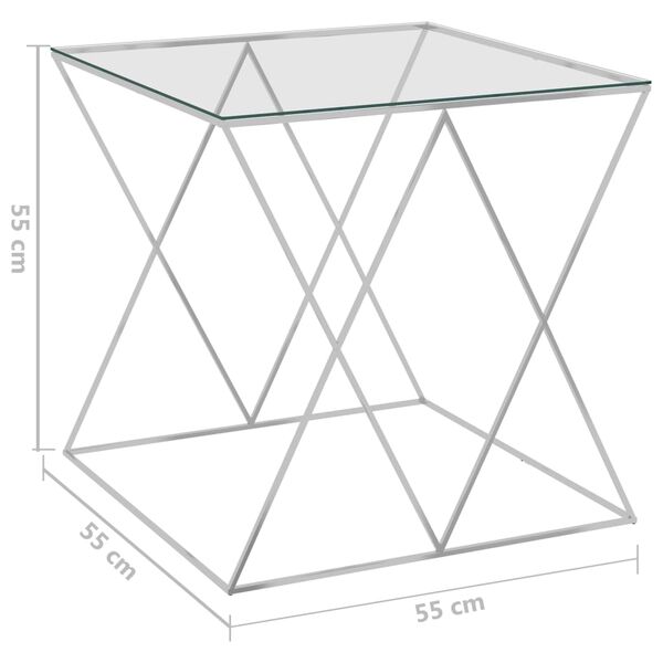 vidaXL Tavolino da Salotto Argento 55x55x55 cm in Acciaio Inox e Vetro