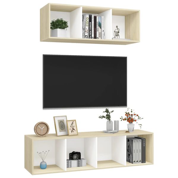 vidaXL Set Porta TV 2 pz Bianco e Rovere Sonoma in Truciolato