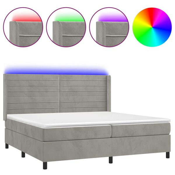 vidaXL Letto a Molle Materasso e LED Grigio Chiaro 200x200 cm Velluto
