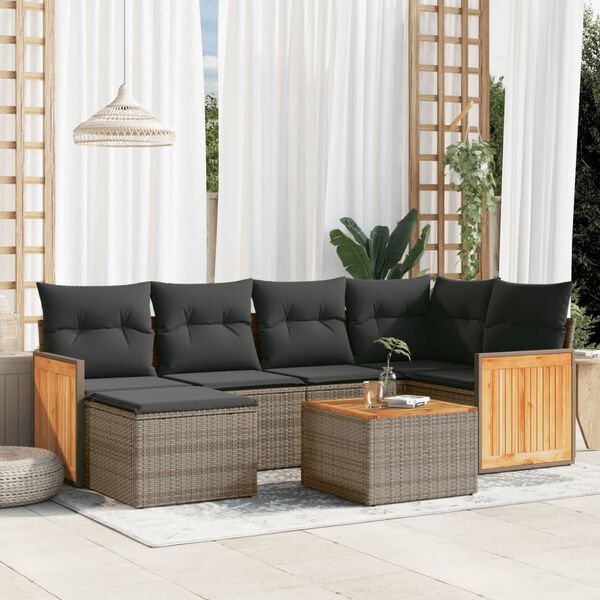 vidaXL Set Divani da Giardino 7 pz con Cuscini Grigio in Polyrattan