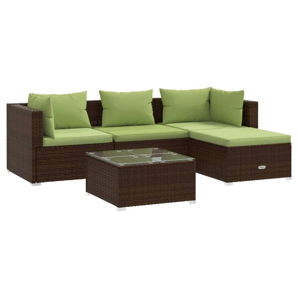 vidaXL Set Divani da Giardino 5 pz con Cuscini in Polyrattan Marrone
