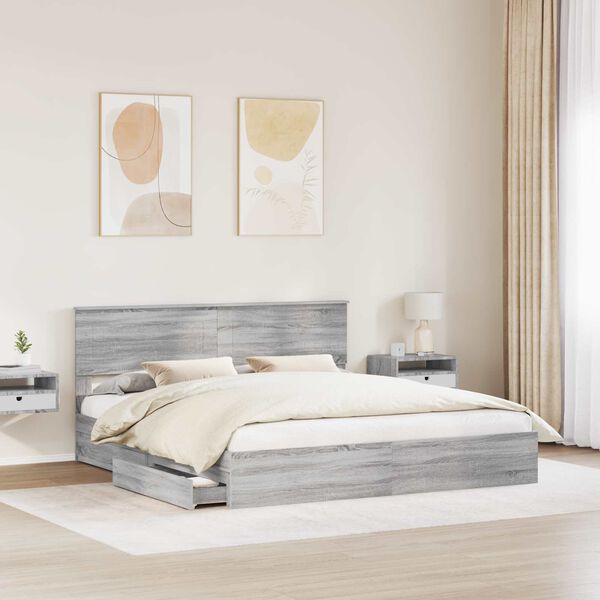 vidaXL Letto con Contenitore con testiera Grigio Sonoma 200 x 200 cm