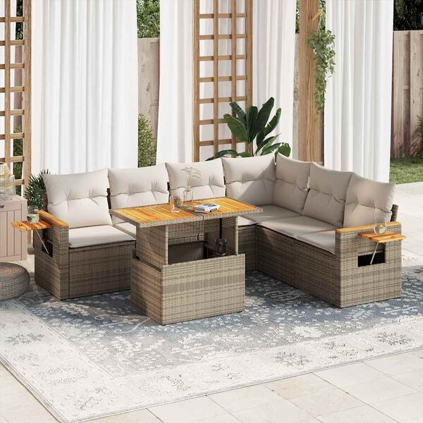 vidaXL Set Divani da Giardino 7 pz con Cuscini Beige Polyrattan Acacia