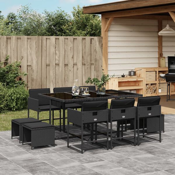 vidaXL Set da Pranzo da Giardino 11 pz con Cuscini in Polyrattan Nero