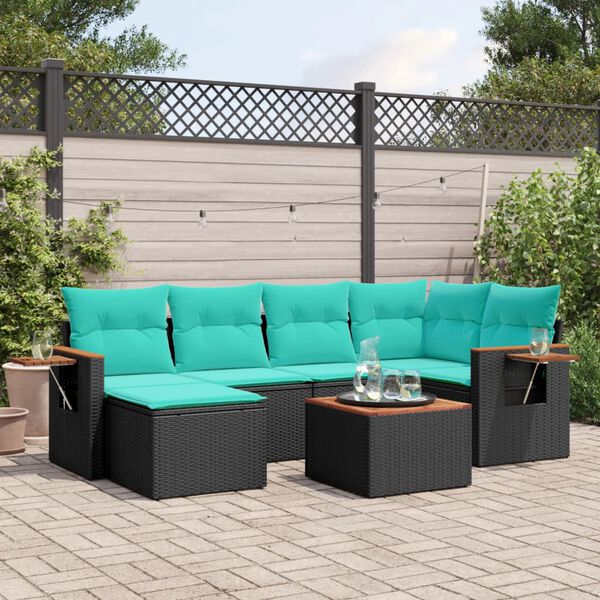 vidaXL Set Divani da Giardino 7 pz con Cuscini Nero in Polyrattan