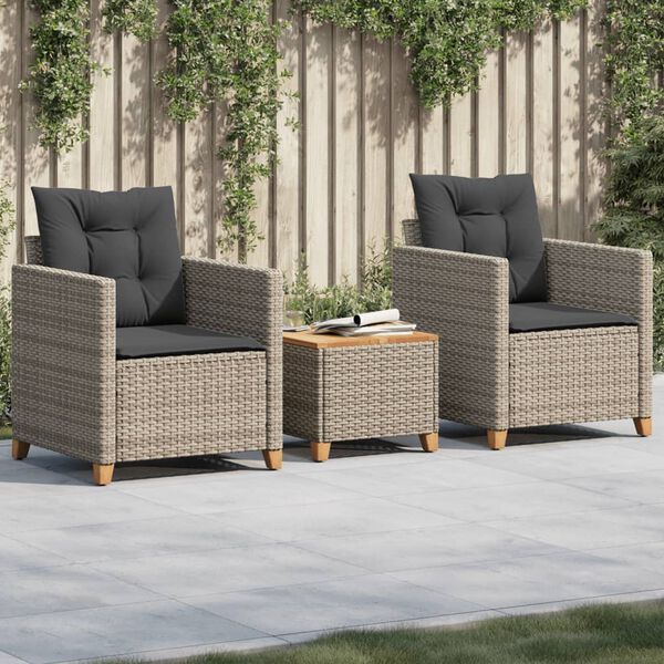 vidaXL Set da Bistrò 3 pz con Cuscini Grigio Polyrattan e Legno Acacia