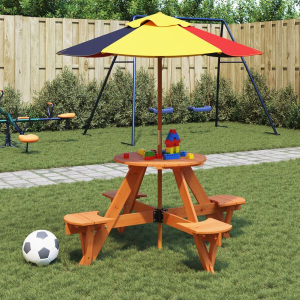 vidaXL Tavolo Picnic per 4 Bambini con Ombrellone Rotondo Legno Abete