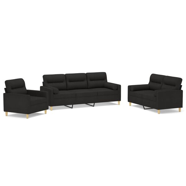 vidaXL Set di Divani 3 pz con Cuscini Decorativi Nero in Tessuto
