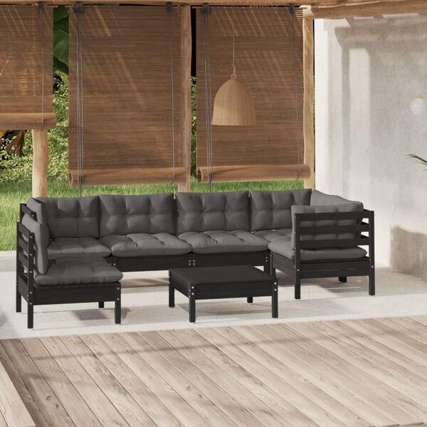 vidaXL Set Divani da Giardino 7 pz con Cuscini Neri in Legno di Pino