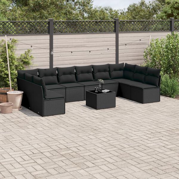 vidaXL Set Divani da Giardino 11 pz con Cuscini in Polyrattan Nero